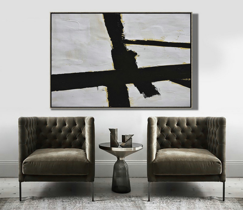 Hand Paint Abstract Painting,Horizontal Palette Knife Minimal Canvas Art Painting Black White Beige - Abstract Painting For Home